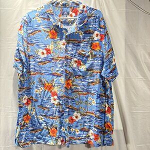 George Men Button Up Shirt 2XL Blue Floral Hawaiian Tropical Palm Trees Collar